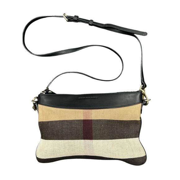 Burberry Canvas Check Peyton Crossbody Bag with Black Leather - Picture 1 of 7